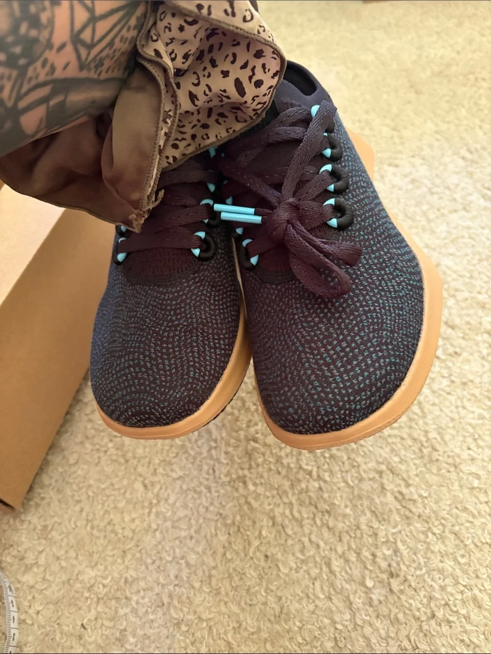 allbirds Women's dasher Black Knit Sneakers with Turquoise Accents and Gum Sole
